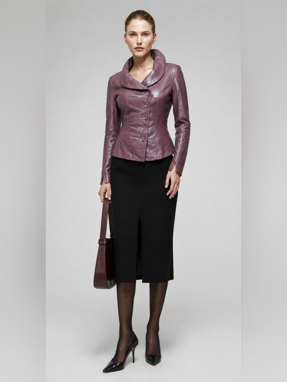 Danier Mauve Leather Look Shawl Collar Fitted Jacket S